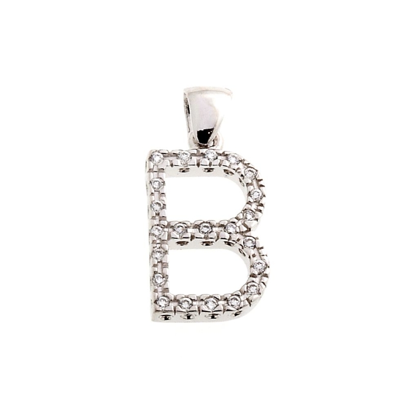 18 Kt White Gold Pendant B Letter with Cubic Zirconi (1,5 Cm)