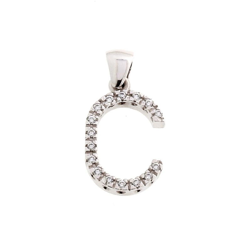 18 Kt White Gold Pendant C Letter with Cubic Zirconi (1,5 Cm)