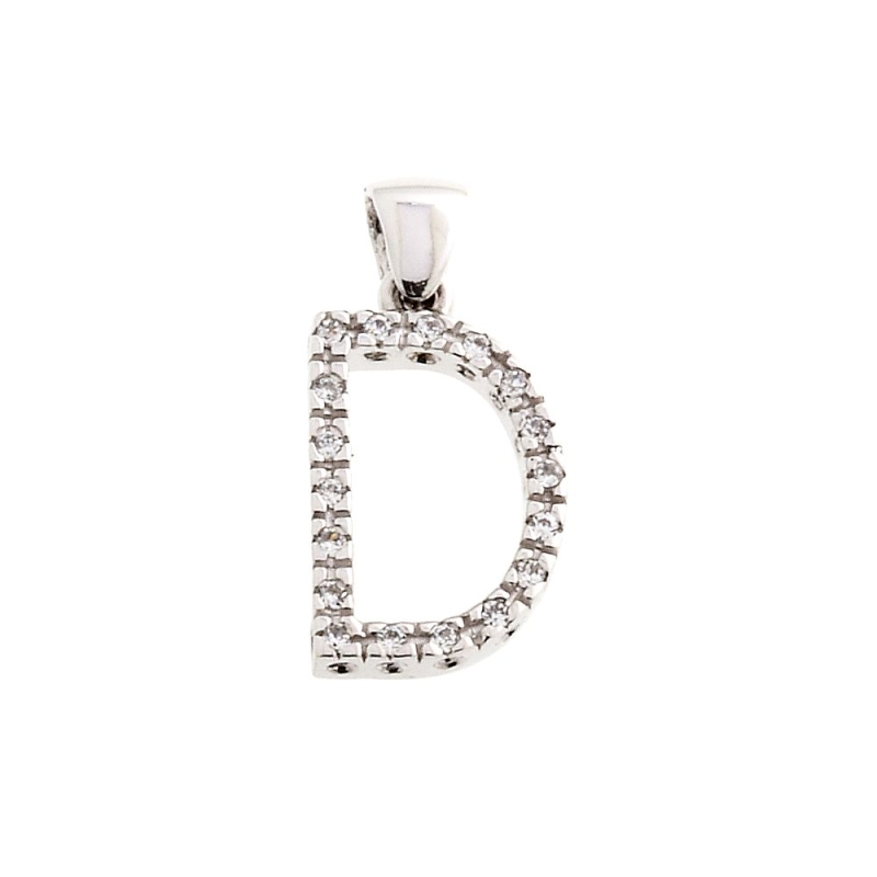 18 Kt White Gold Pendant D Letter with Cubic Zirconi (1,5 Cm)