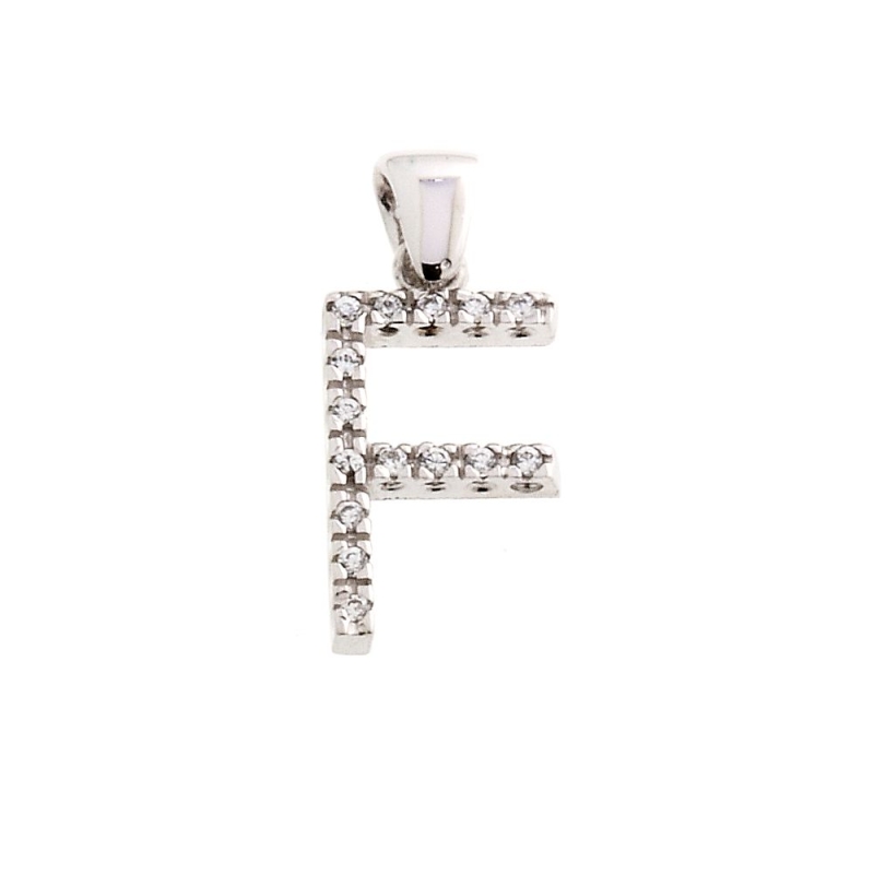 18 Kt White Gold Pendant F Letter with Cubic Zirconi (1,5 Cm)