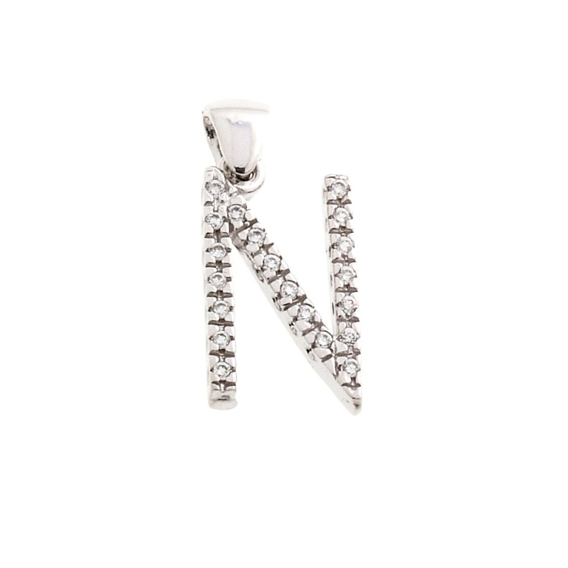18 Kt White Gold Pendant N Letter with Cubic Zirconi (1,5 Cm)