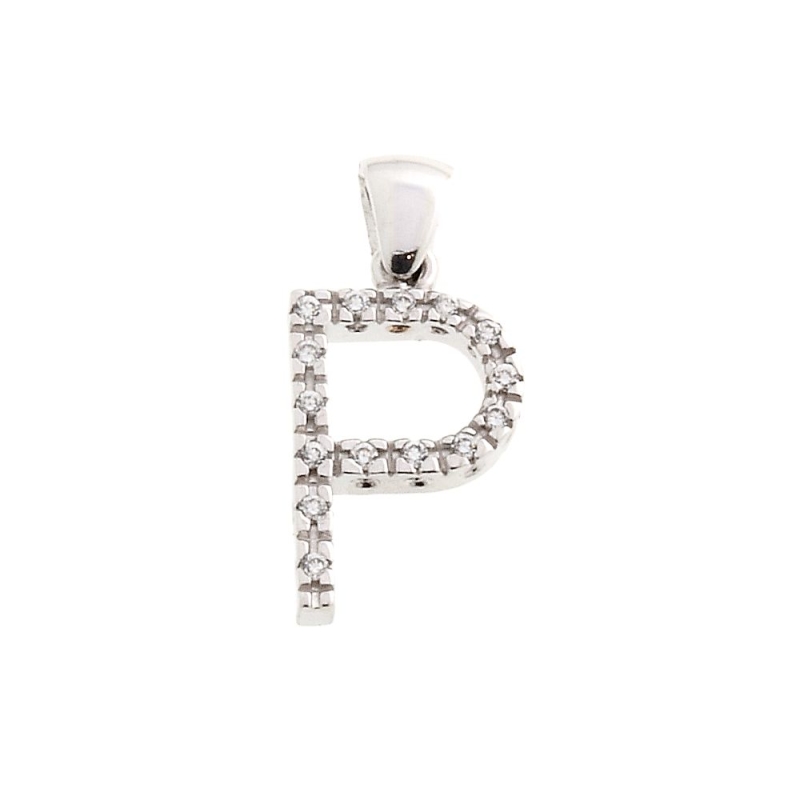 18 Kt White Gold Pendant P Letter with Cubic Zirconi (1,5 Cm)