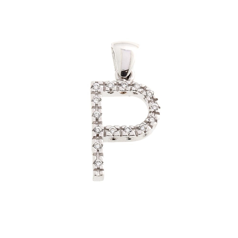 18 Kt White Gold Pendant P Letter with Cubic Zirconi (1,5 Cm)