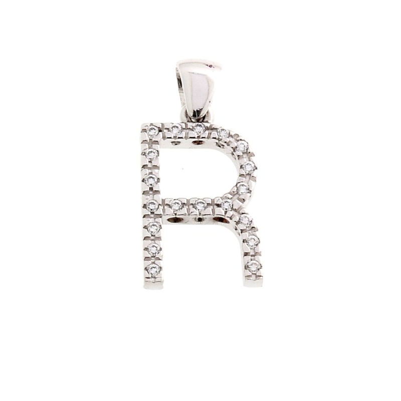 18 Kt White Gold Pendant R Letter with Cubic Zirconi (1,5 Cm)