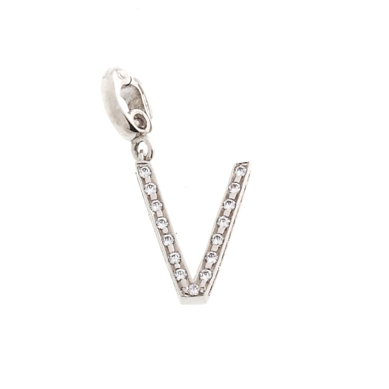 18 Kt White Gold Pendant V Letter with Cubic Zirconi (1,5 Cm)