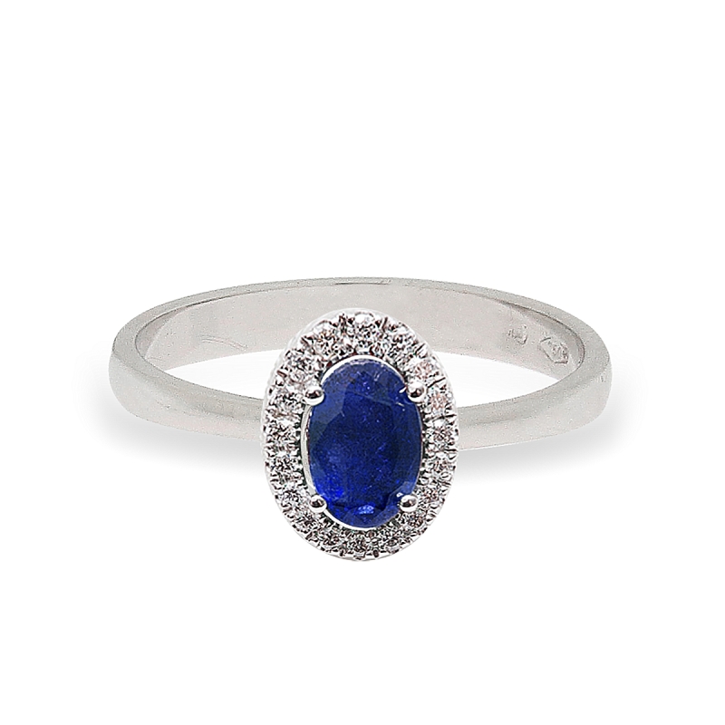 18 Kt. White Gold Ring with 0,64 Ct. Sapphire and 0,07 Ct. Natural Diamonds