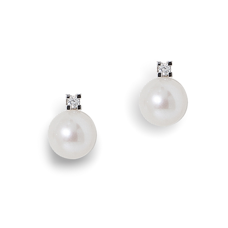 18 KT White Gold Earrings Pearls mm. 7,5-8 Diamonds Kt, 0,04
