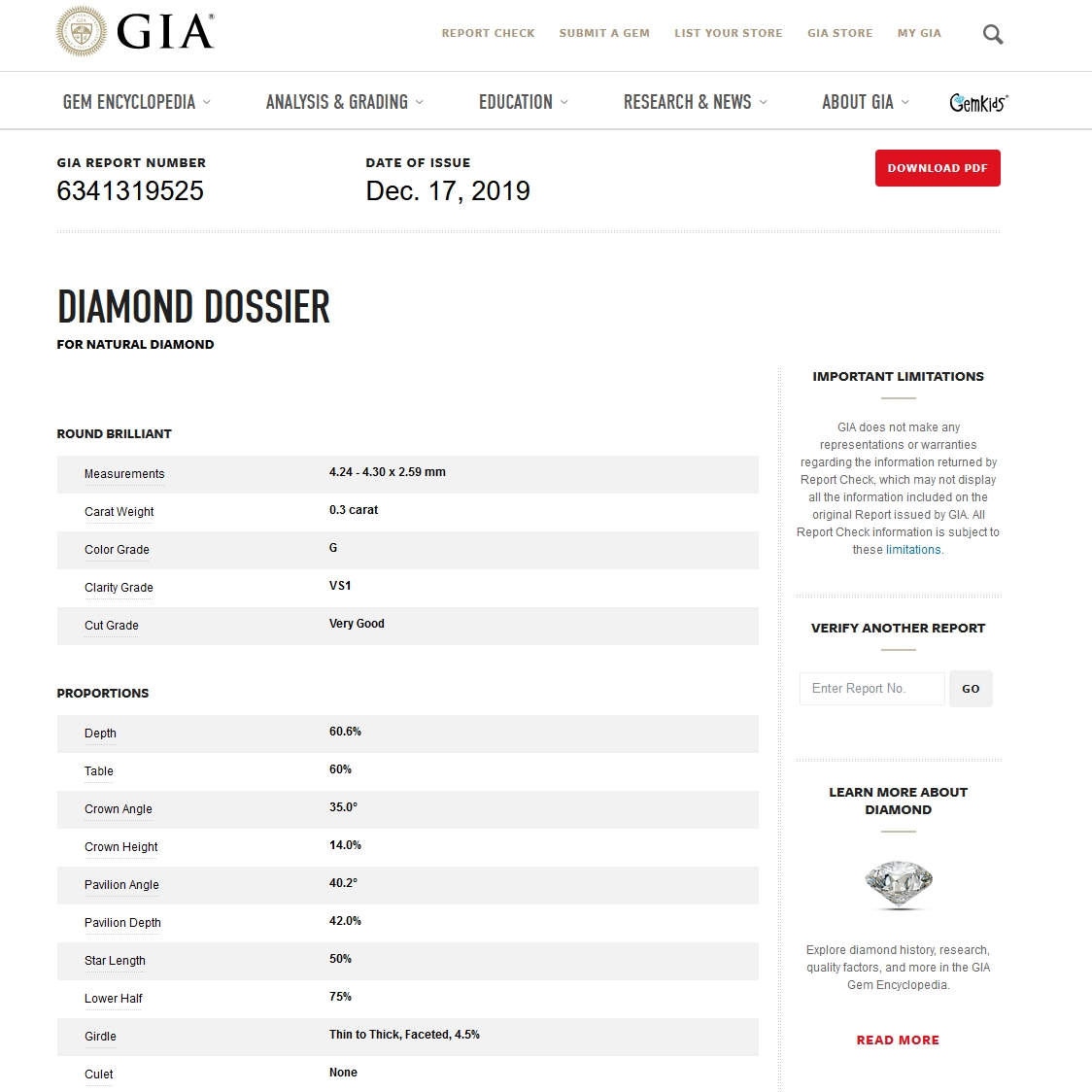 Diamante Naturale Certificato GIA Kt. 0,30 Colore G Purezza VS1