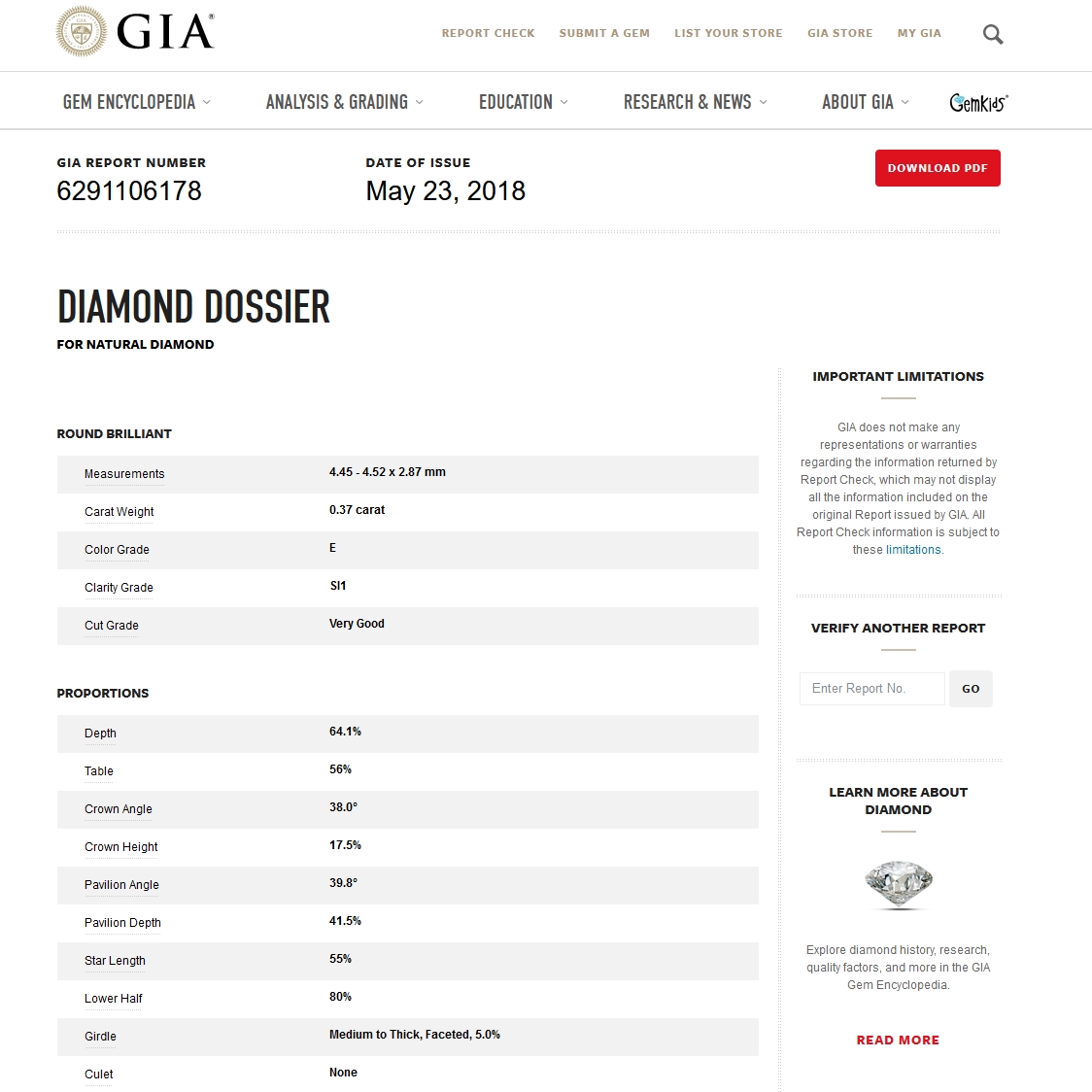 Diamante Naturale Certificato GIA Kt. 0,37 Colore E Purezza SI1