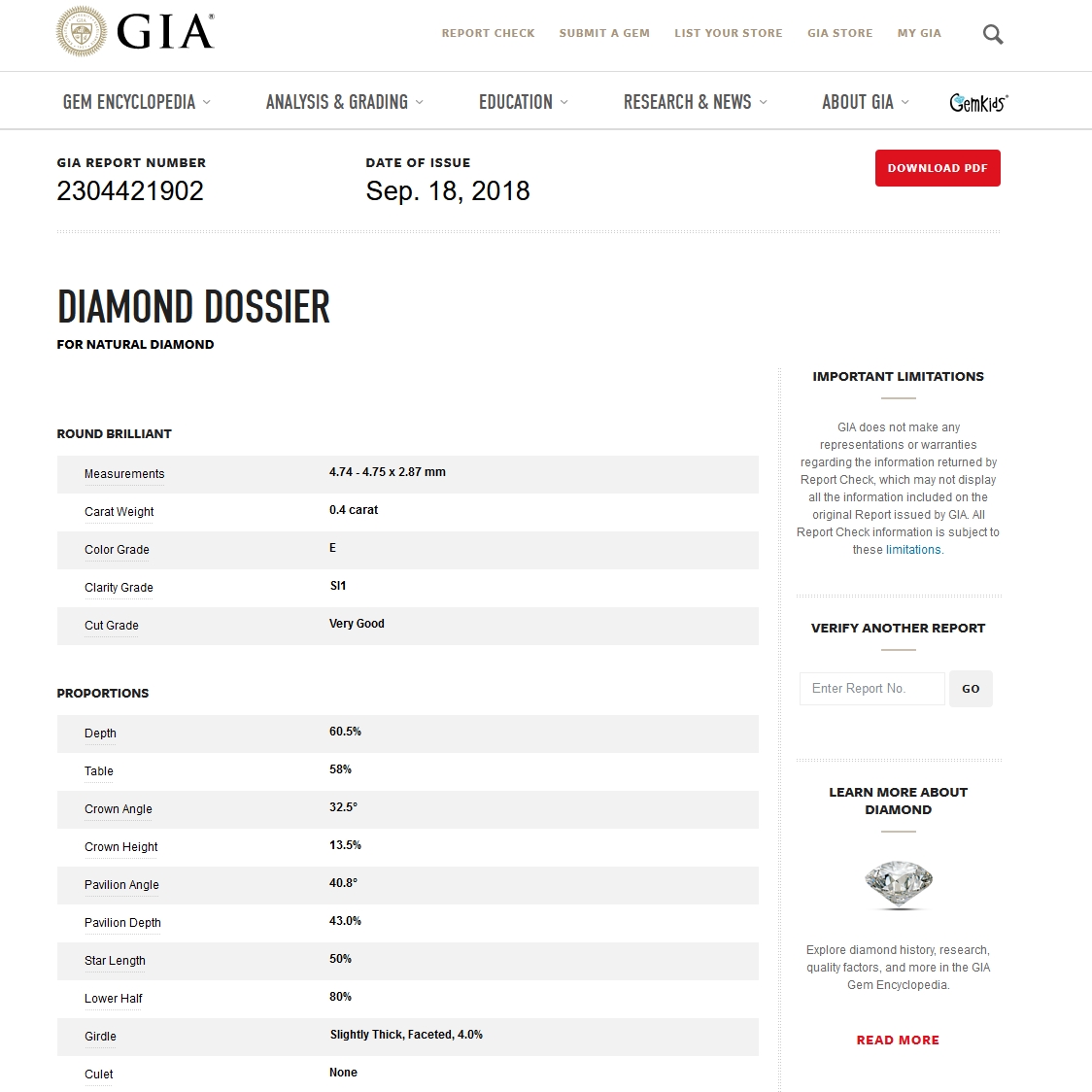 Diamante Naturale Certificato GIA Kt. 0,40 Colore E Purezza SI1