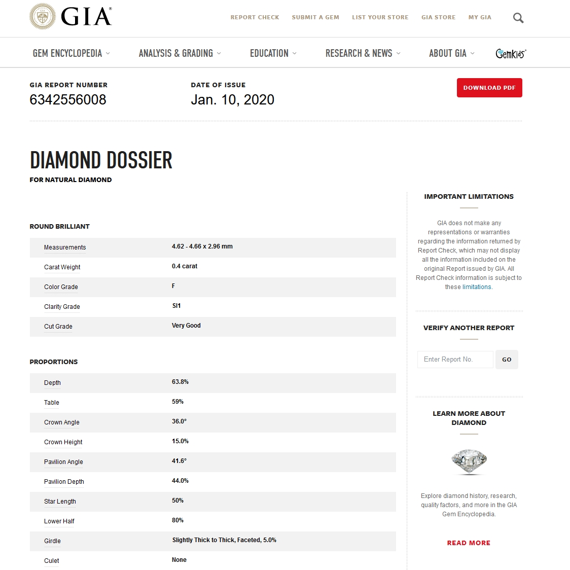 Diamante Naturale Certificato GIA Kt. 0,40 Colore F Purezza SI1