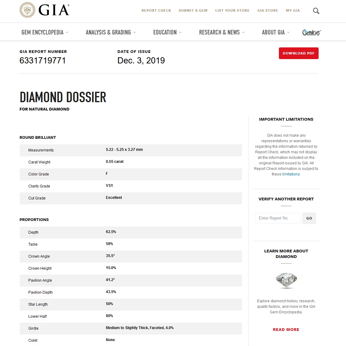 Diamante Naturale Certificato GIA Kt. 0,55 Colore F Purezza VS1