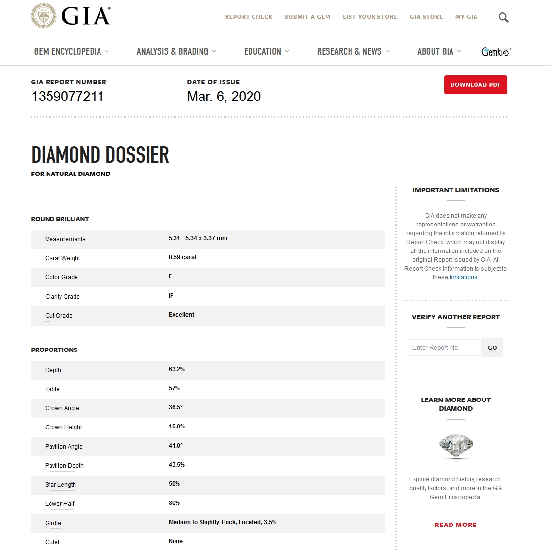 Diamante Naturale Certificato GIA Kt. 0,59 Colore F Purezza IF
