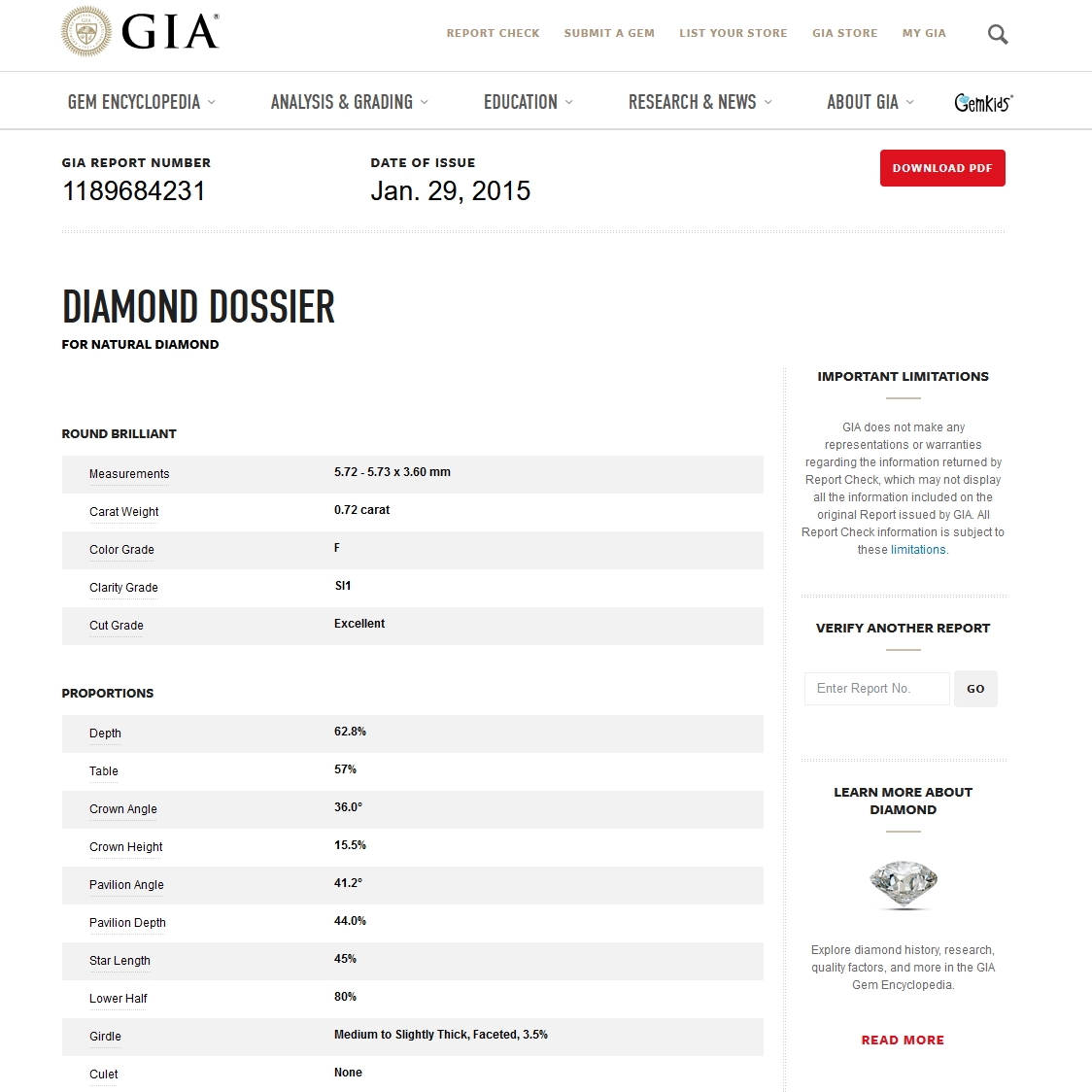 Diamante Naturale Certificato GIA Kt. 0,72 Colore F Purezza SI1