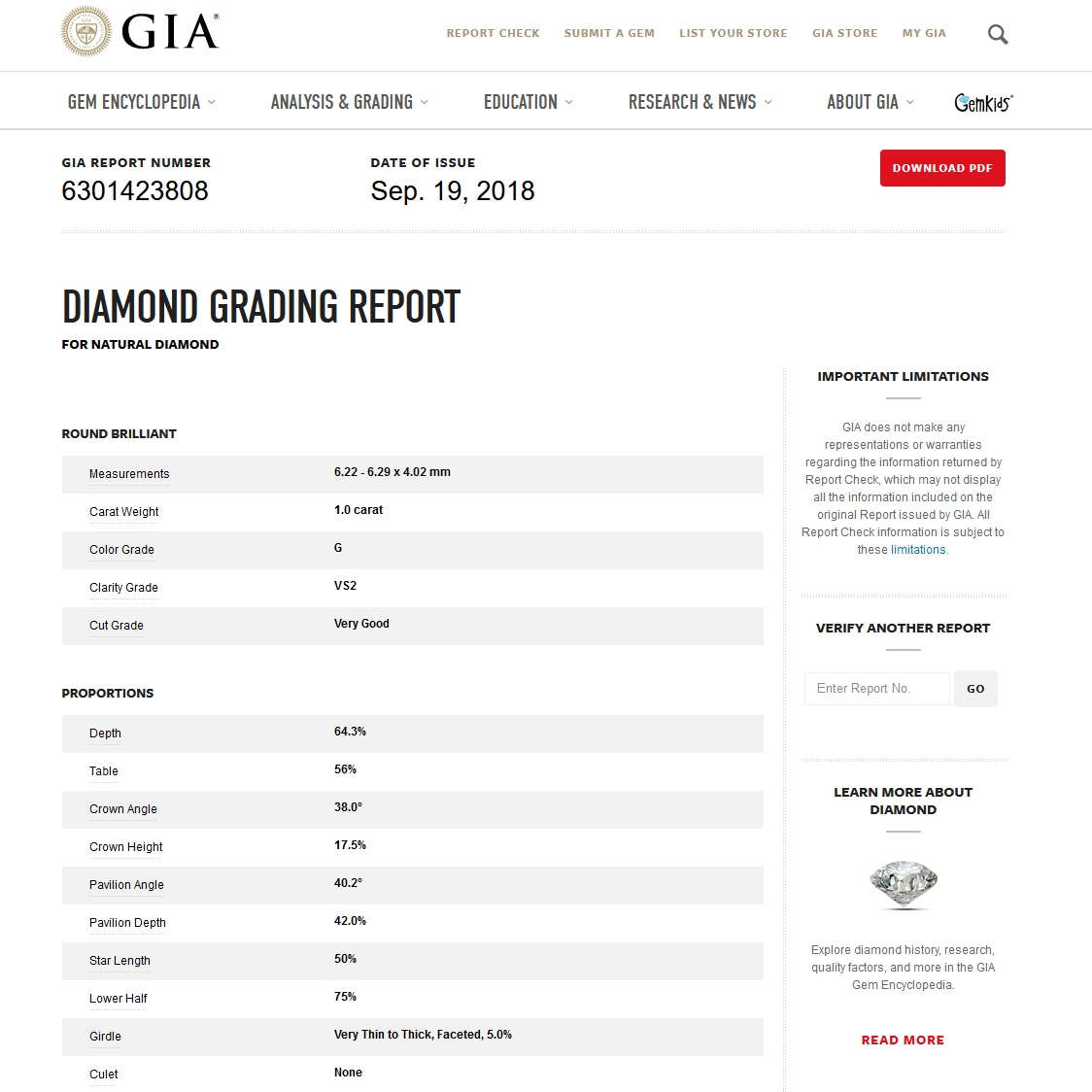 Diamante Naturale Certificato GIA Kt. 1,00 Colore G Purezza VS2