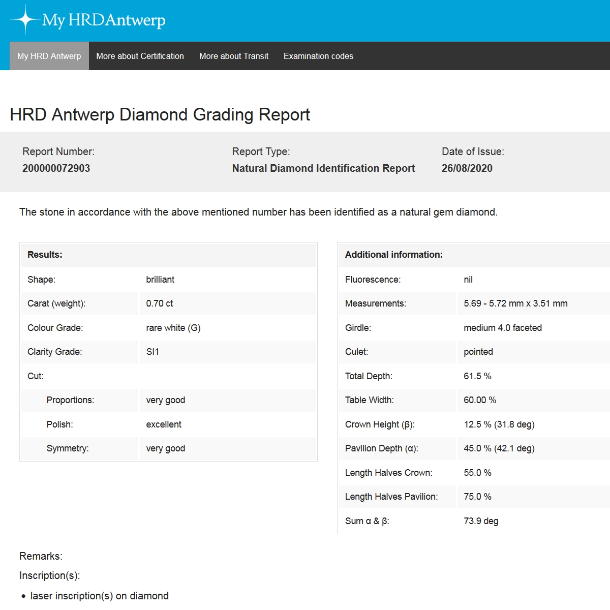Diamante Naturale Certificato HRD Kt. 0,70 Colore G Purezza SI1