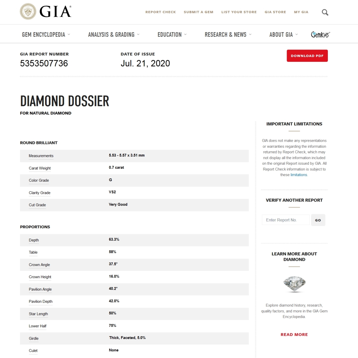 Diamante Naturale Certificato GIA Kt. 0,70 Colore G Purezza VS2