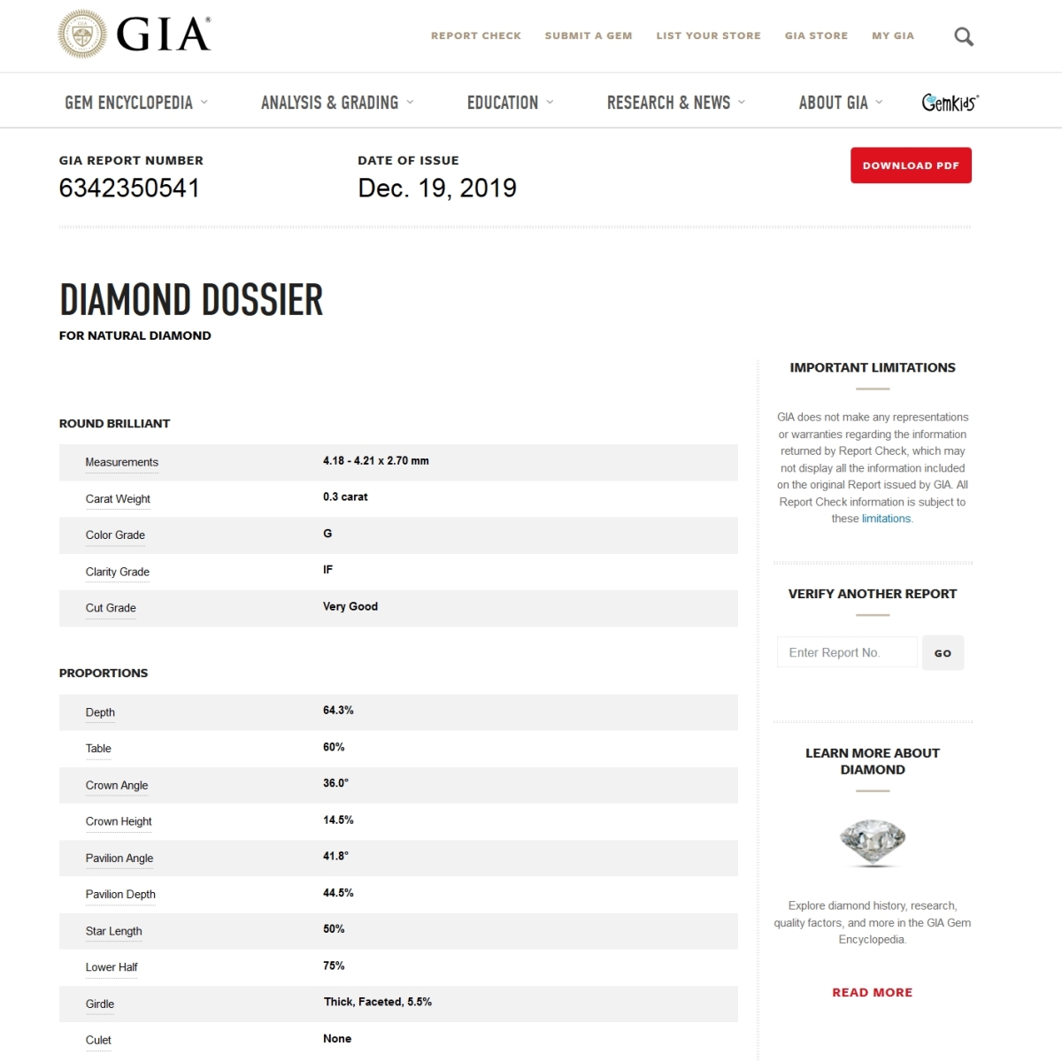 Diamante Naturale Certificato GIA Kt. 0,30 Colore G Purezza IF